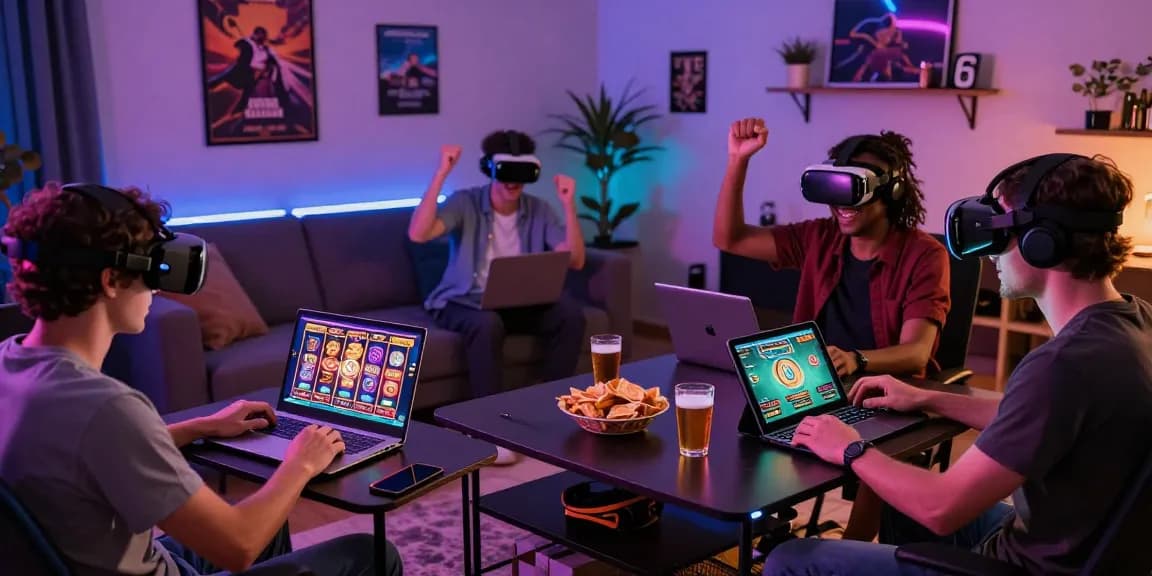 Players engaging with various non UK casinos in modern home gaming setups, showcasing excitement and technology.
