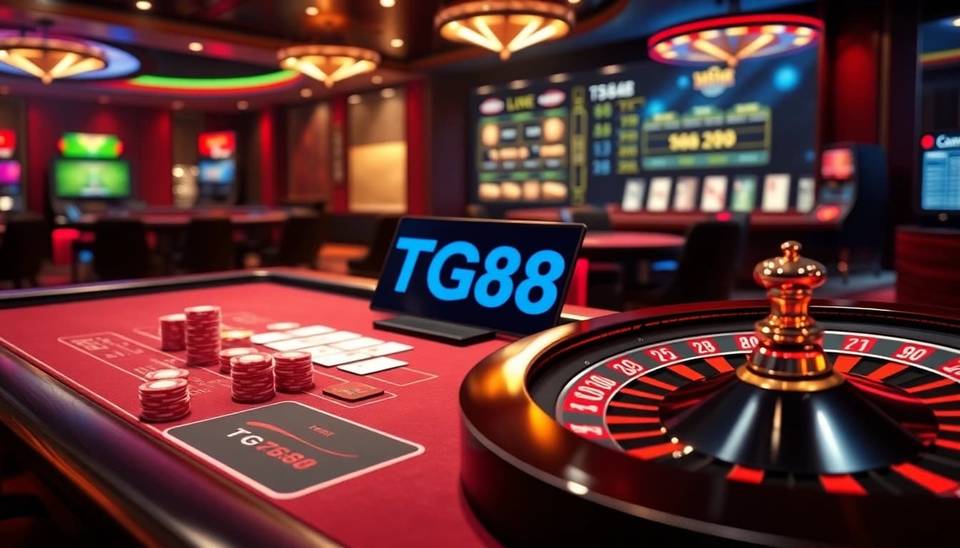Engaging TG88 online casino scene showcasing strategic blackjack play with vibrant poker chips and digital betting interface
