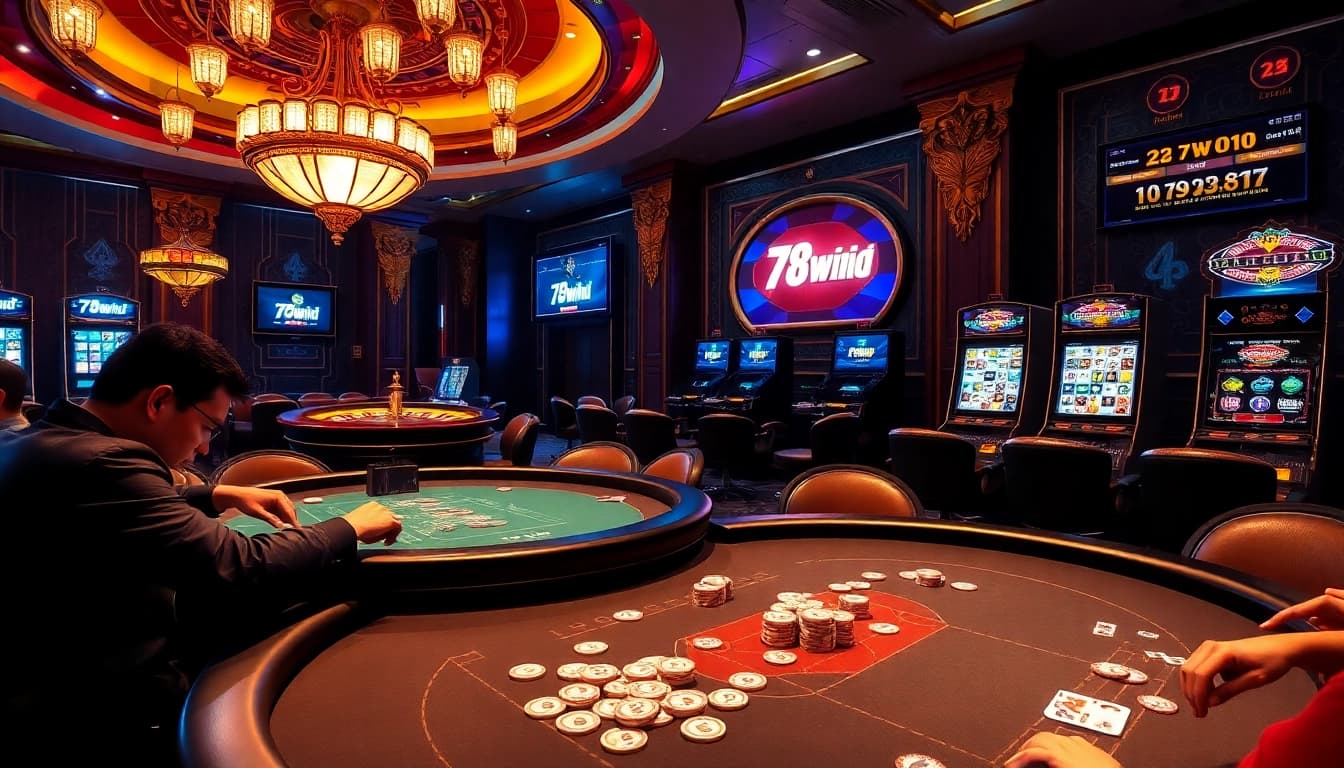 Dynamic players at a poker table immerse in a thrilling game at 78win01 casino.