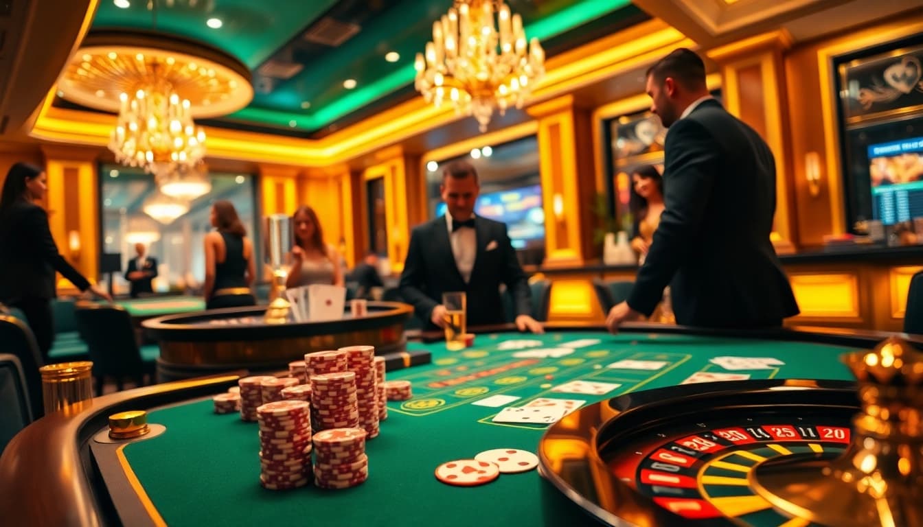 Gamblers strategizing at the qh88 casino table, featuring poker chips and cards.