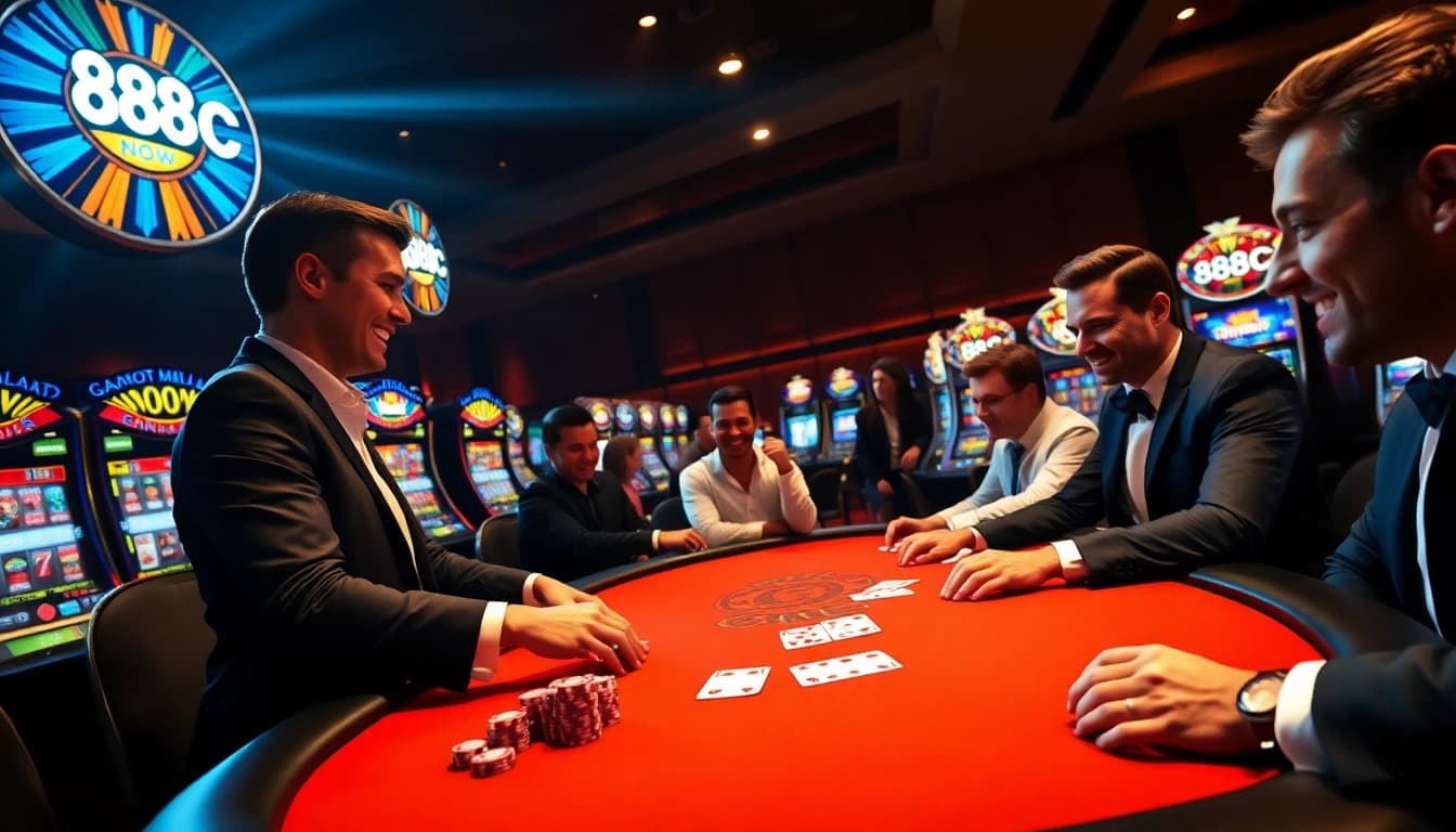 High-stakes poker game at a luxurious casino showcasing 888now brand excitement.