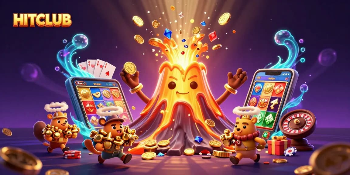Engage in HITCLUB's thrilling casino experience with vibrant treasure-filled artwork.