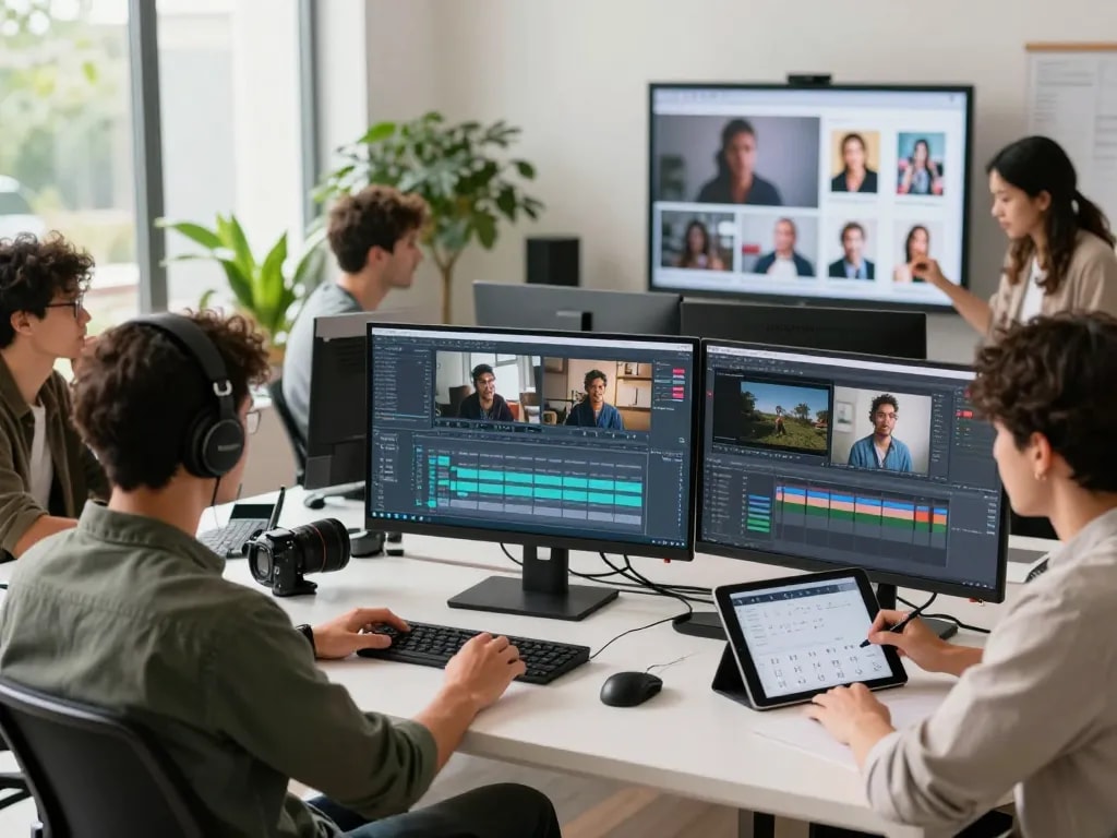 Team showcasing seedance 2.0 in a modern video production studio, highlighting collaboration and creativity.