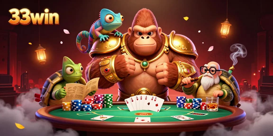 33win presents a powerful gorilla king at a vibrant poker table surrounded by colorful chips and mystical effects.