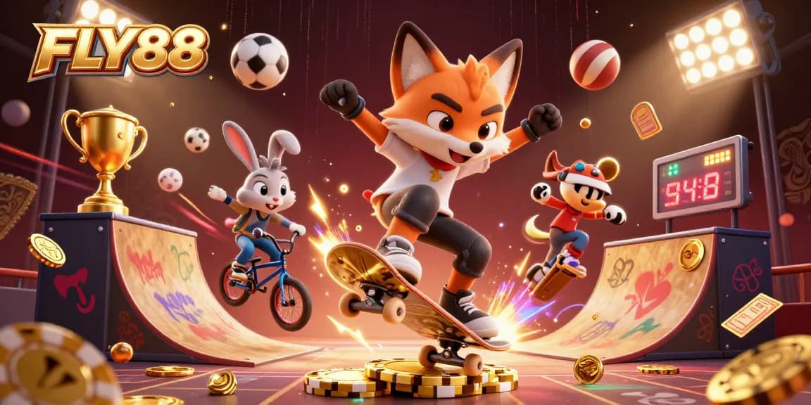 Experience thrilling gaming action at FLY88 with a vibrant 3D casino illustration showcasing dynamic characters and elements.