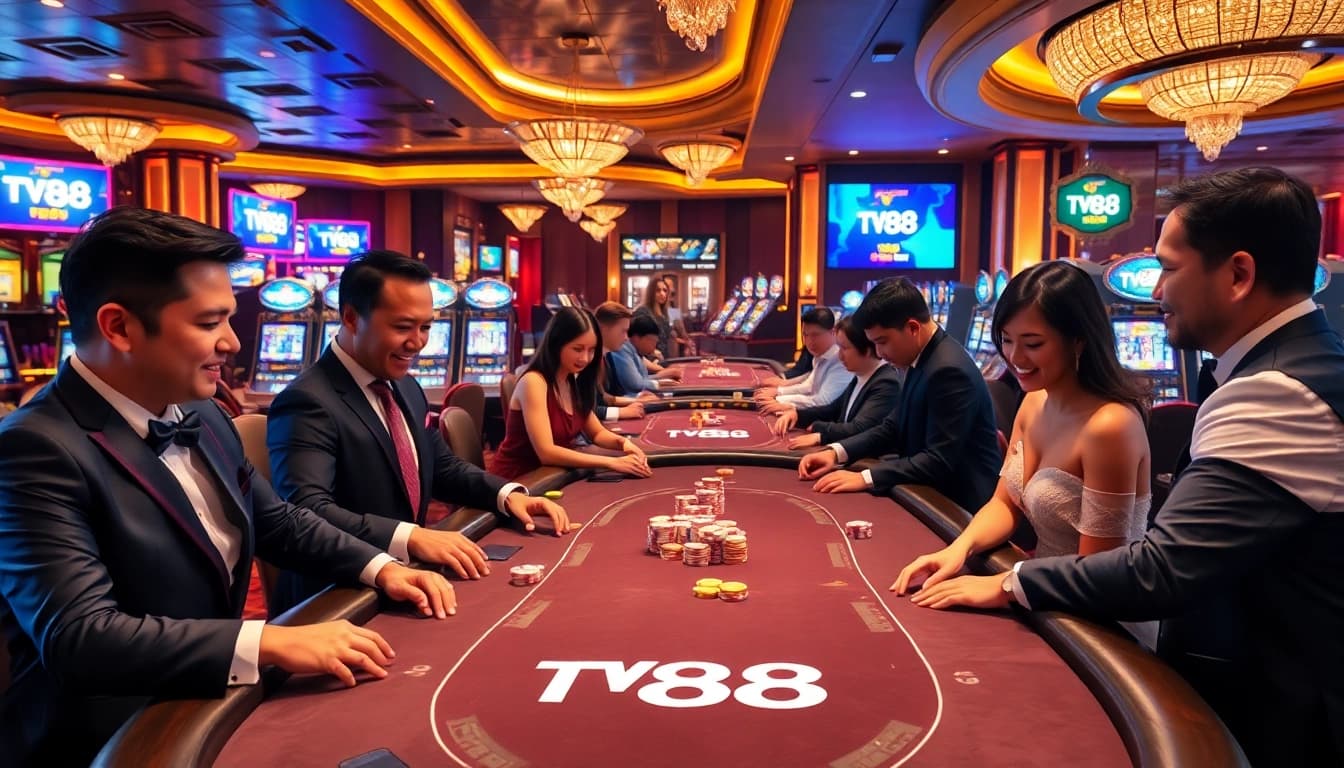A dynamic casino scene with TV88 branding showcasing enthusiastic gamblers at a poker table.