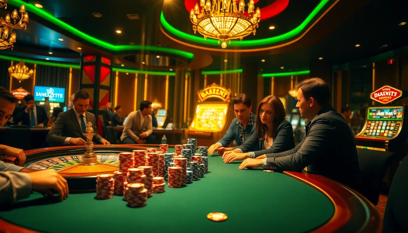 Gamble at a vibrant casino table packed with excitement at https://rr9977.com/ featuring poker chips and a spinning roulette wheel.