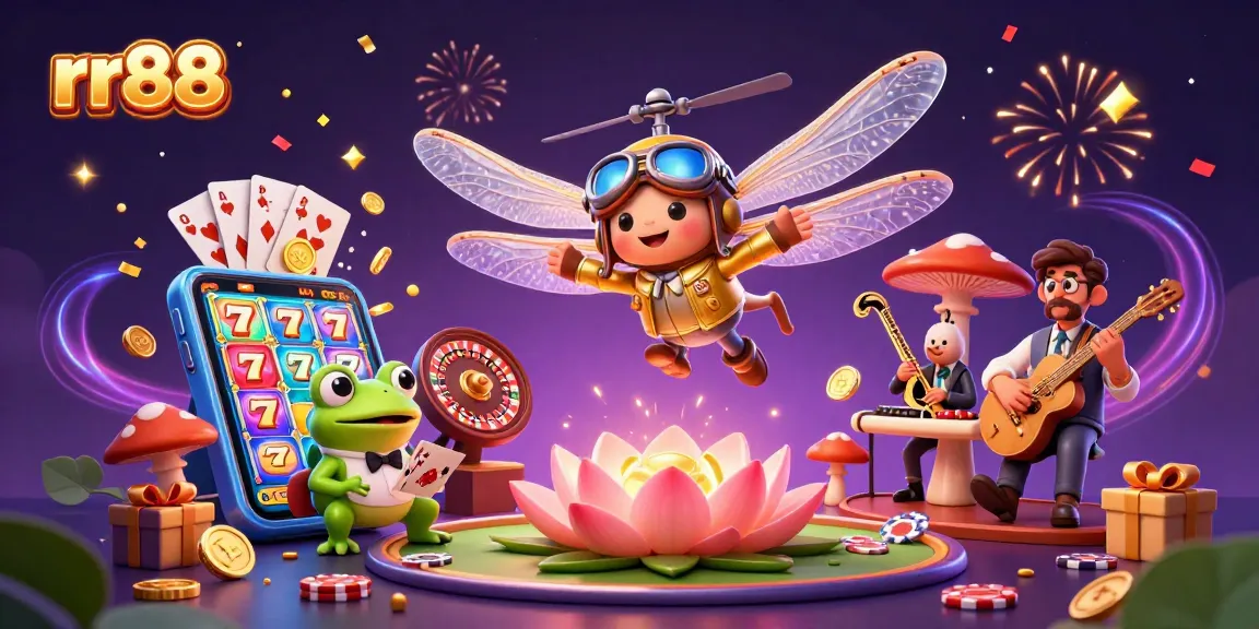 Thrilling rr88 gaming action with a dragonfly pilot and frog croupier at an enchanting lily pad casino.