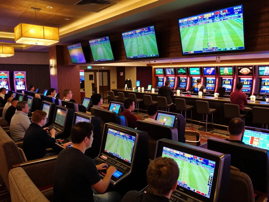 Engaged bettors analyzing odds at fly88 sports betting area with modern screens