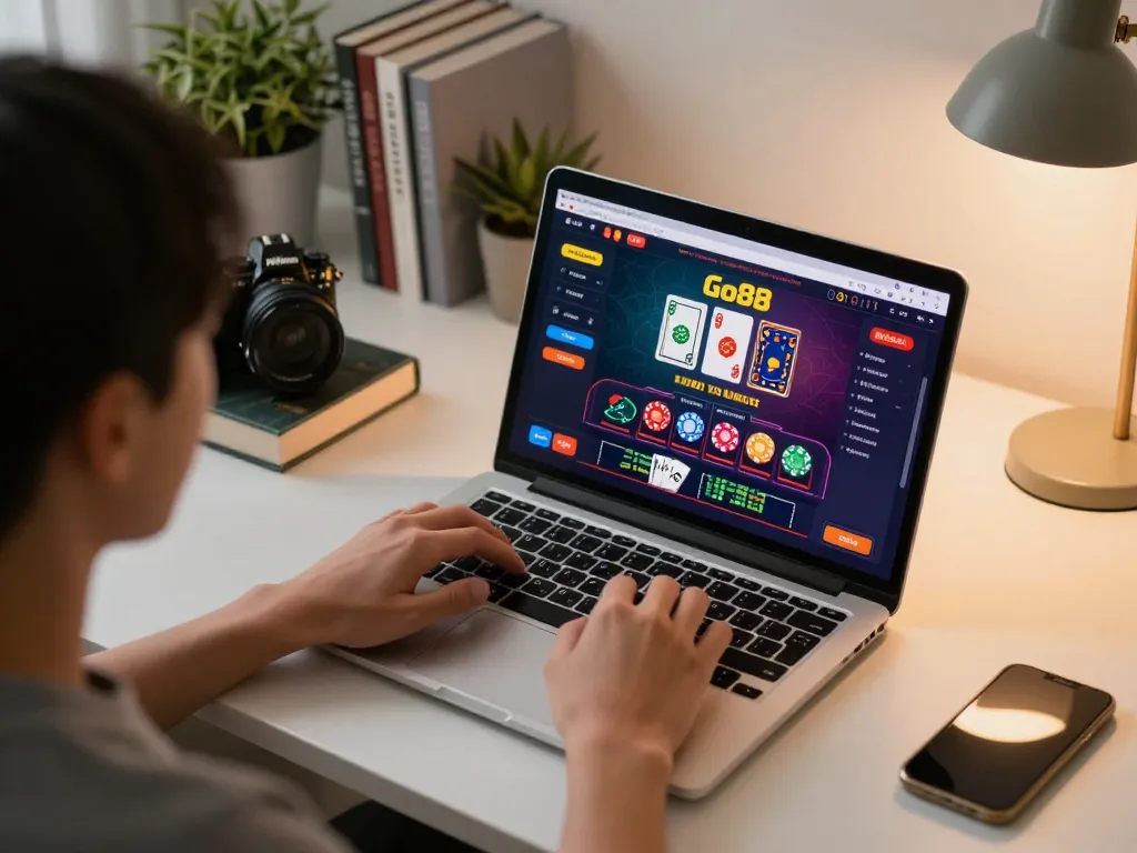 Engaging online gambling with Go88 casino interface displayed on a laptop during cozy home gaming