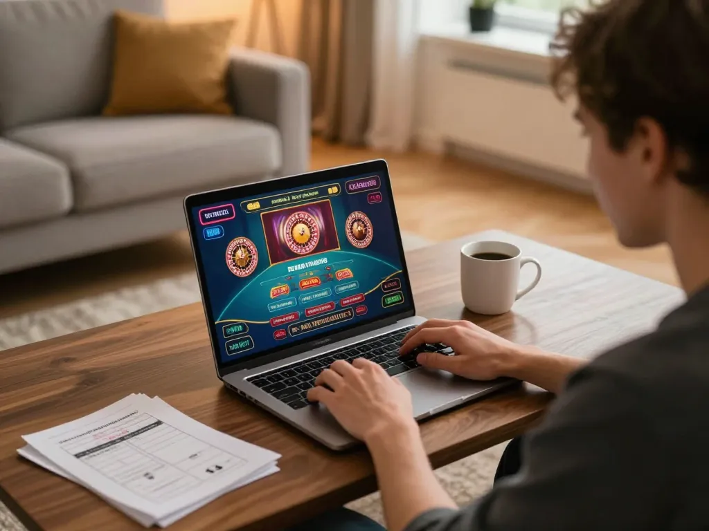 Engaging with 789WIN online casino gaming on a laptop in a cozy living room.