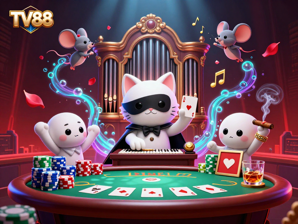 Engage with the animated atmosphere of TV88, showcasing vibrant characters amidst a lively casino scene.