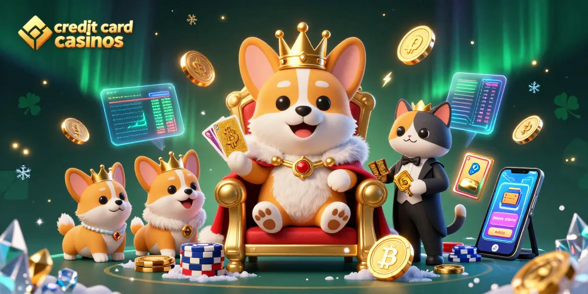 Enjoy the excitement at credit card casinos illustrated with a royal corgi and vibrant gaming elements.