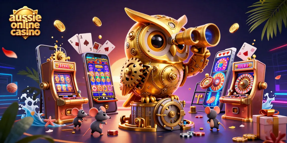 Engage with the thrill of aussie online casino gaming as a clockwork owl surveys a vibrant casino landscape.