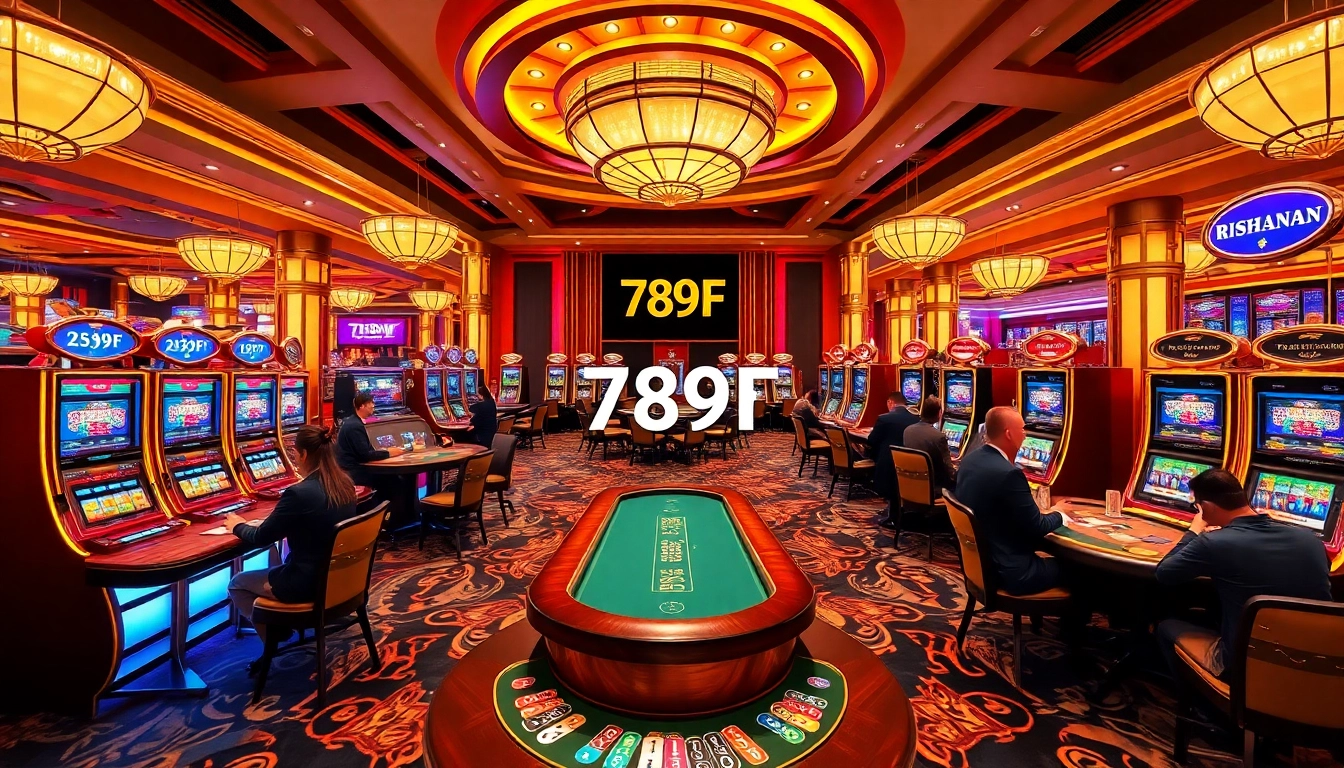 Exciting casino gaming experience featuring the 789F brand with players at poker and slot machines.
