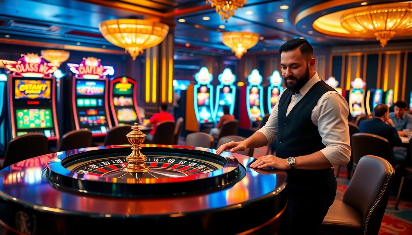 Experience the thrill of winning at https://69vn15.top/ with a professional dealer at a vibrant casino table.