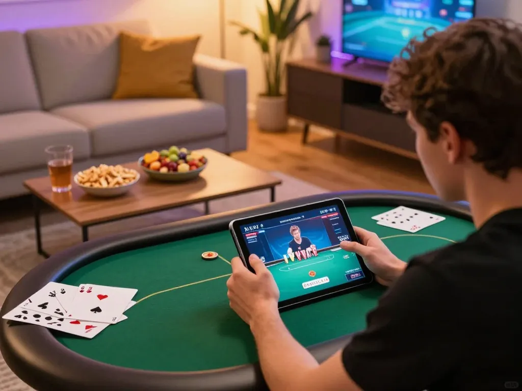 Engage in Iwin Club online poker, featuring a player in a cozy home setting