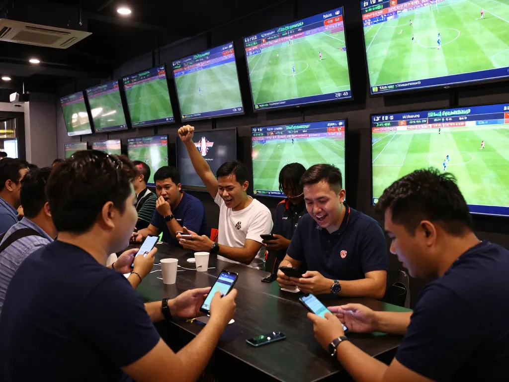 Cá Độ Bóng Đá in a lively sports betting venue, fans eagerly placing bets on live matches.