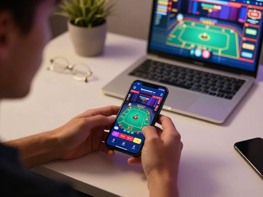 IWINCLUB player strategizing poker via mobile app, showcasing engaging online gaming atmosphere