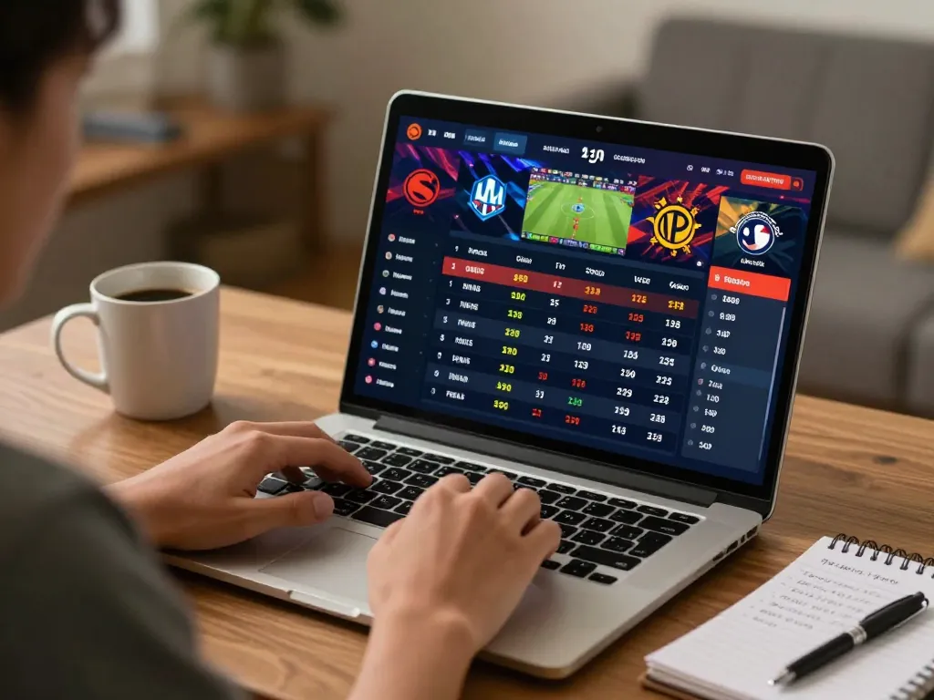 Engaged sports bettor analyzing odds for keo nha cai on laptop in cozy home setting.