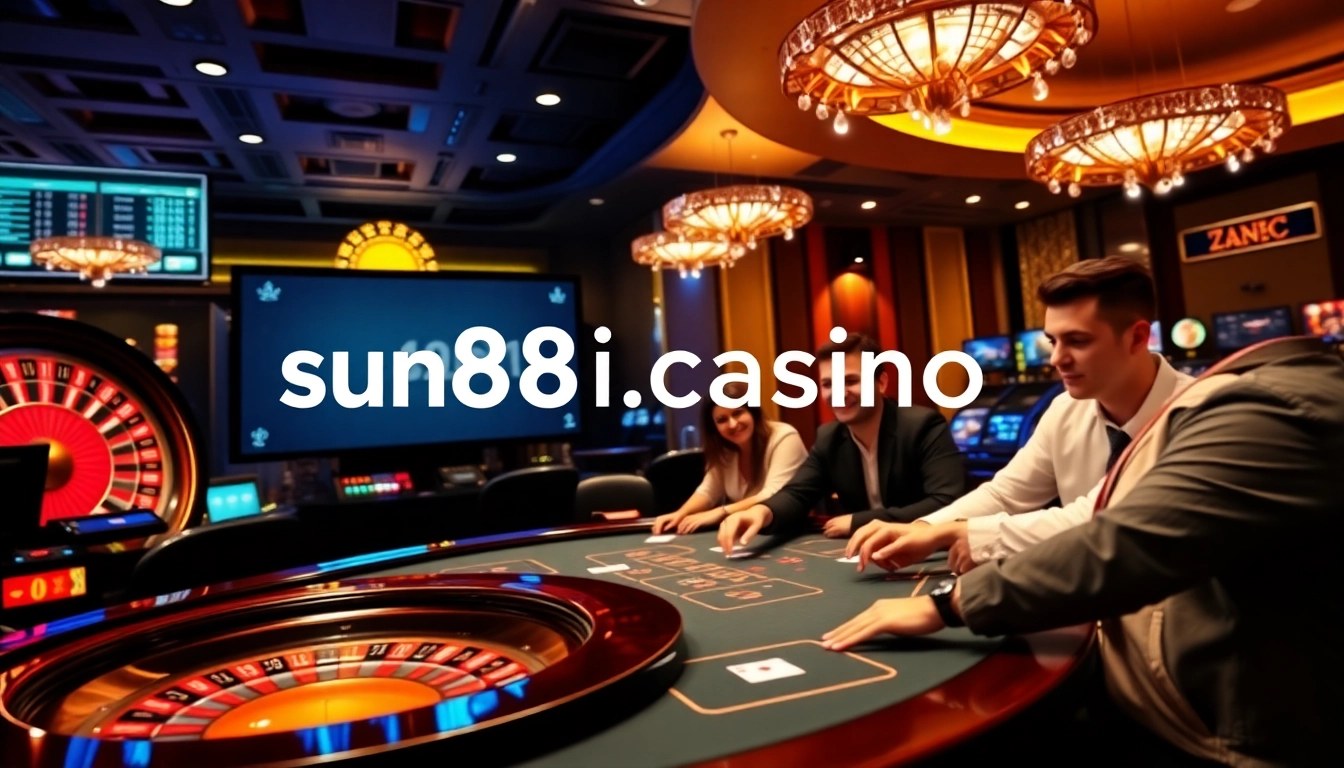 Exciting online casino scene featuring sun88i.casino logo, players at casino tables, and slot machines.