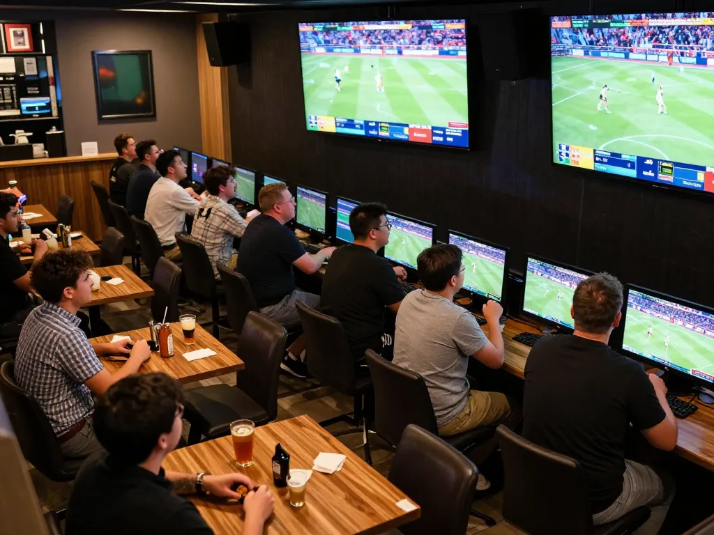 SBOBET sports betting scene with enthusiastic bettors engaged at a modern sports bar, live event screens visible