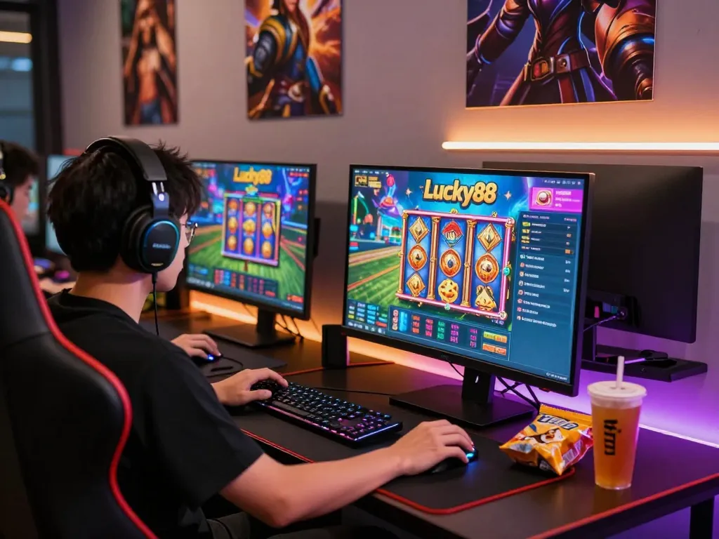 Cổng game Lucky88 nightlife scene with a gamer immersed in online gameplay