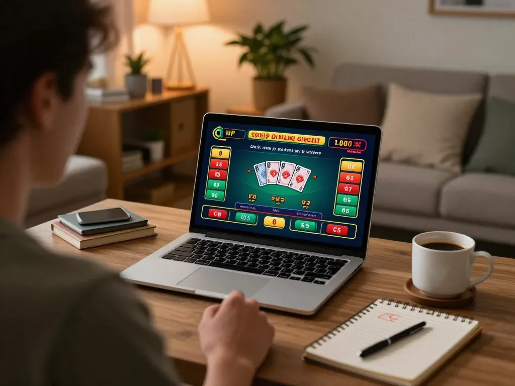 Player strategizing on online game interface at home for km777 casino experience