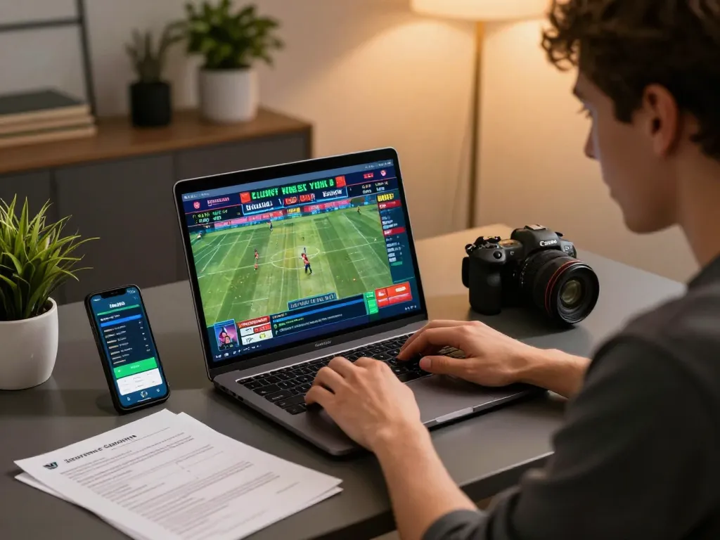 Engaging home sports betting setup featuring NK88 interface, laptop display, and smartphone with live updates