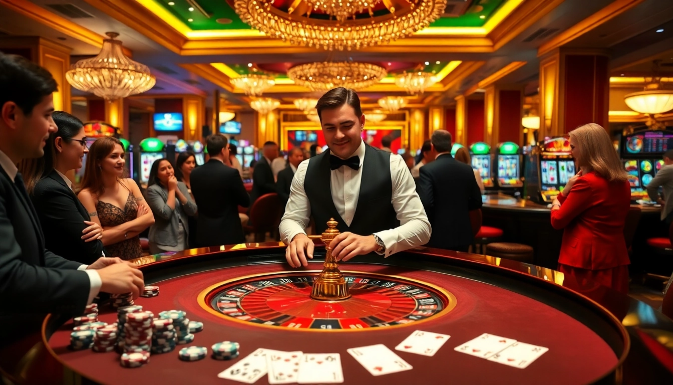 Exciting roulette action at 68VIP casino, showcasing professional dealers and lively gamblers.