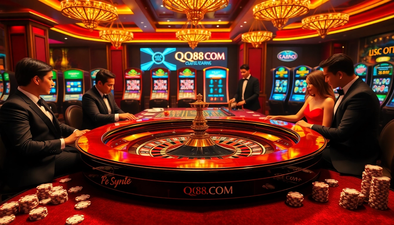 Players enjoying roulette at an upscale casino with QQ88 COM branding visible in the excitement.