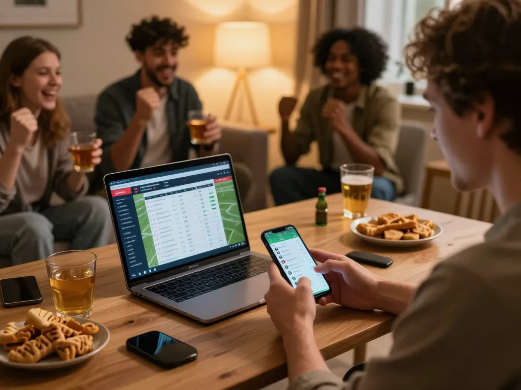 Person enjoying sports betting on LV88 app, celebrating winning bets with friends at home.