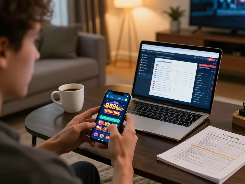 Engaging with the 888bgo mobile app for online gambling, featuring a user immersed in gameplay in a cozy home.
