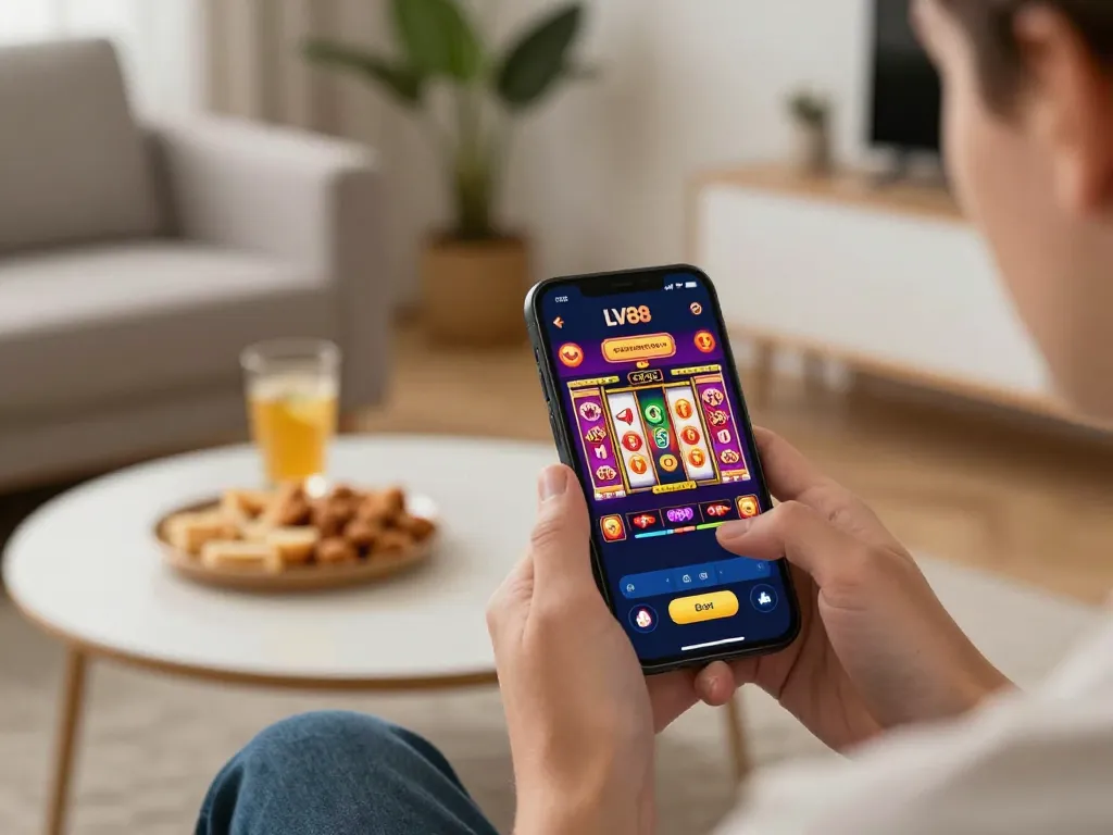 Engaging gameplay on LV88 app showcasing dynamic slot machine action in a cozy home setting