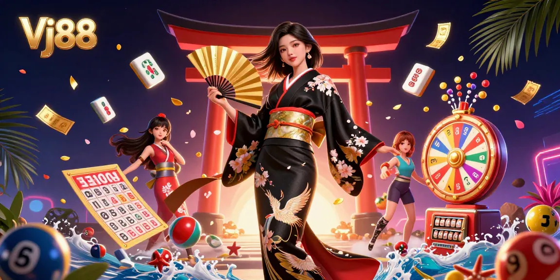 Play exciting games at Vj88 with vibrant lottery balls and engaging casino imagery.