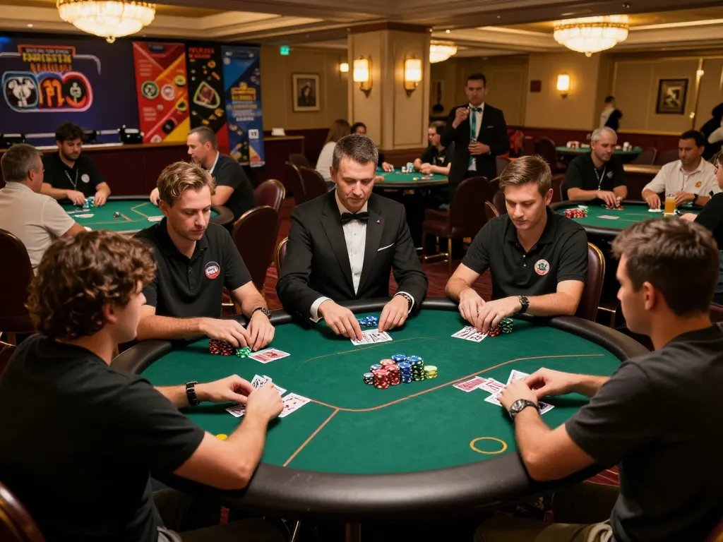 8day poker tournament with players strategizing over green felt tables in an upscale casino.
