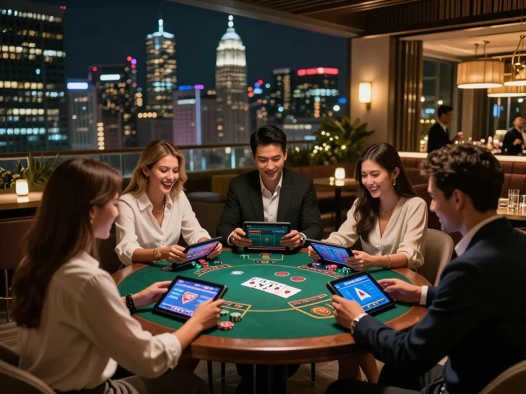 Friends enjoying online casino games on tablets, highlighting the excitement of 8day gaming.