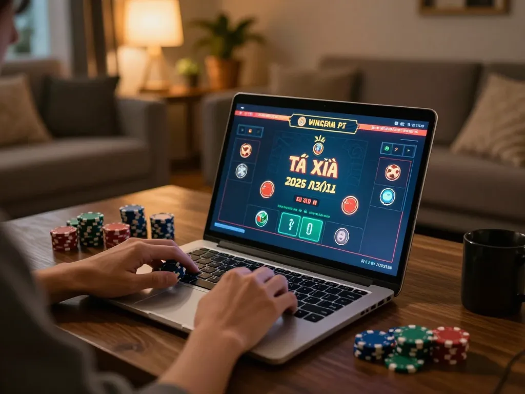 Engaging Tài Xỉu online gaming scene with player placing bets at home, cozy atmosphere, laptop gameplay visible.
