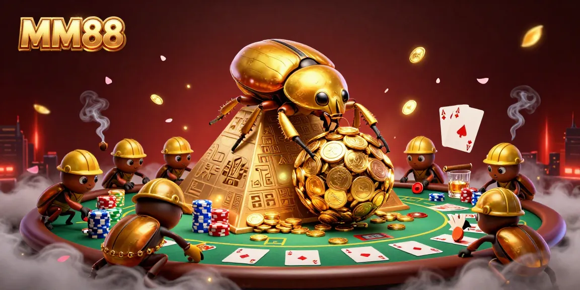 Engage in thrilling gaming at MM88 with a golden dung beetle rolling coins amidst surrounded poker elements.
