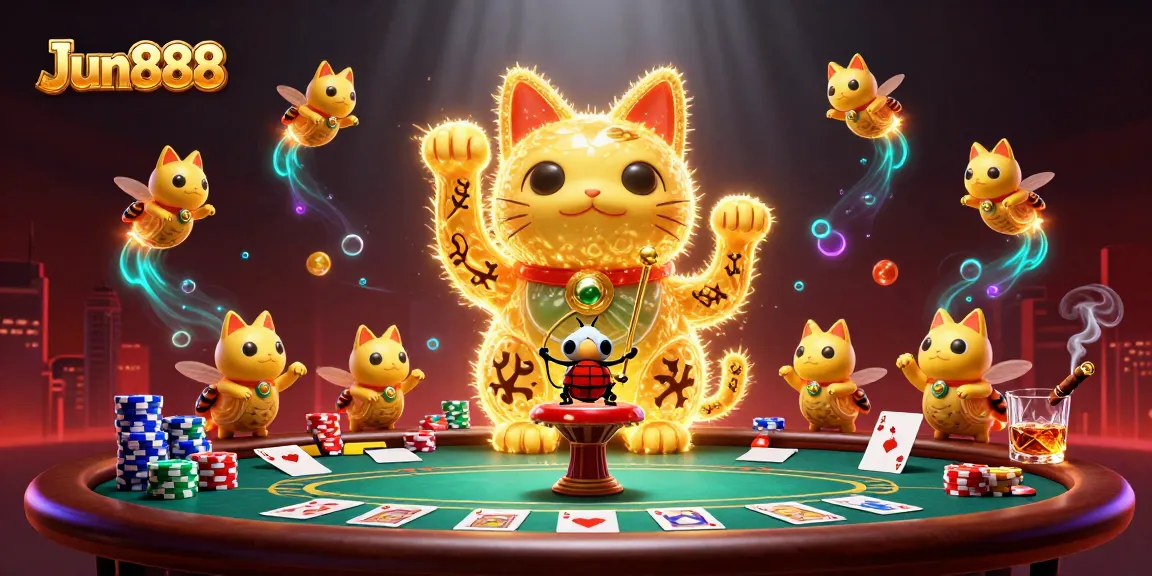 Engage with the Jun888 gaming experience featuring a vibrant lucky cat and poker elements.