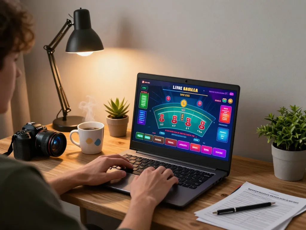 Person playing go8 online blackjack at stylish home gaming setup with cozy ambiance