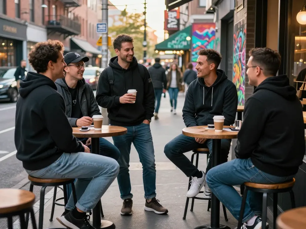 Men talking and bonding at a café in a city, representing manclub lifestyle.