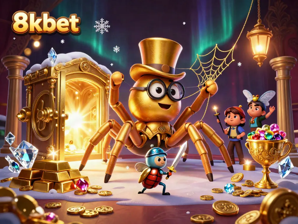 8kbet players spin winning slots with golden tarantula and knight in exciting casino scene.