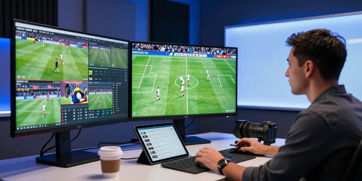 Bongdata sports analysis scene with real-time match footage and tactical formations in a modern studio.