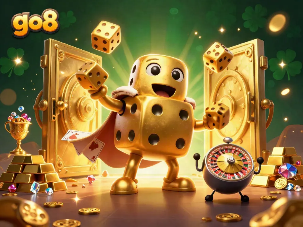 Engage with the excitement of go8 in this vibrant 3D casino illustration featuring golden dice and treasure.