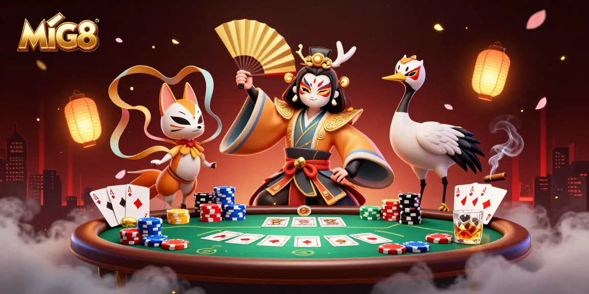MIG8 showcases an immersive 3D casino scene with vibrant poker elements and dramatic characters.