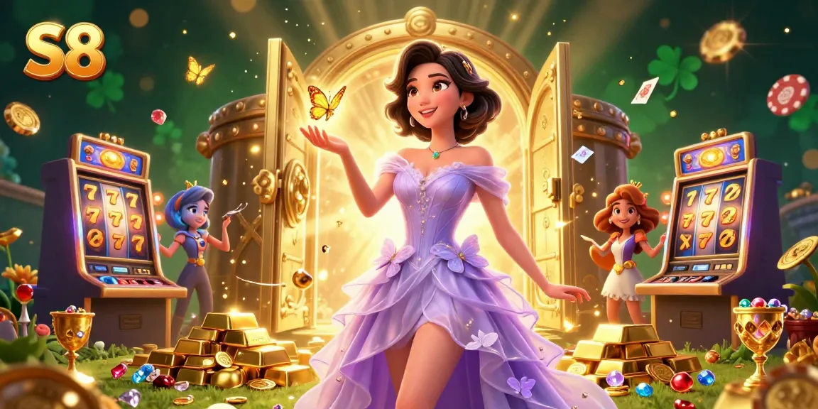 S8 casino scene with a glamorous Asian woman among swirling gold coins, poker chips, and vibrant slot reels.