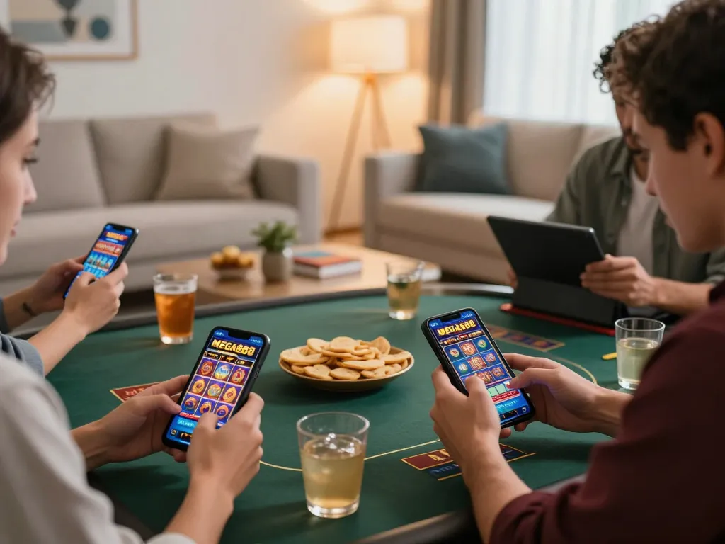 Engaging smartphone interaction with MEGA888 gaming app showcasing exciting features in a cozy home setting.