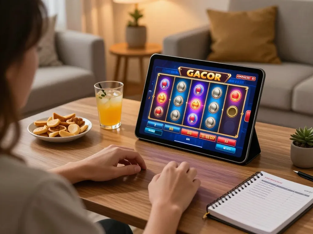 Person playing slot gacor on tablet in cozy home setup, reflecting responsible gaming atmosphere.