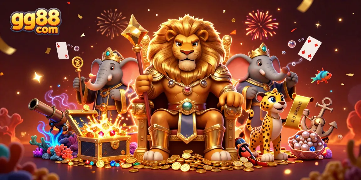 Win at gg88 com with this vibrant 3D gambling scene featuring a lion king and treasures.